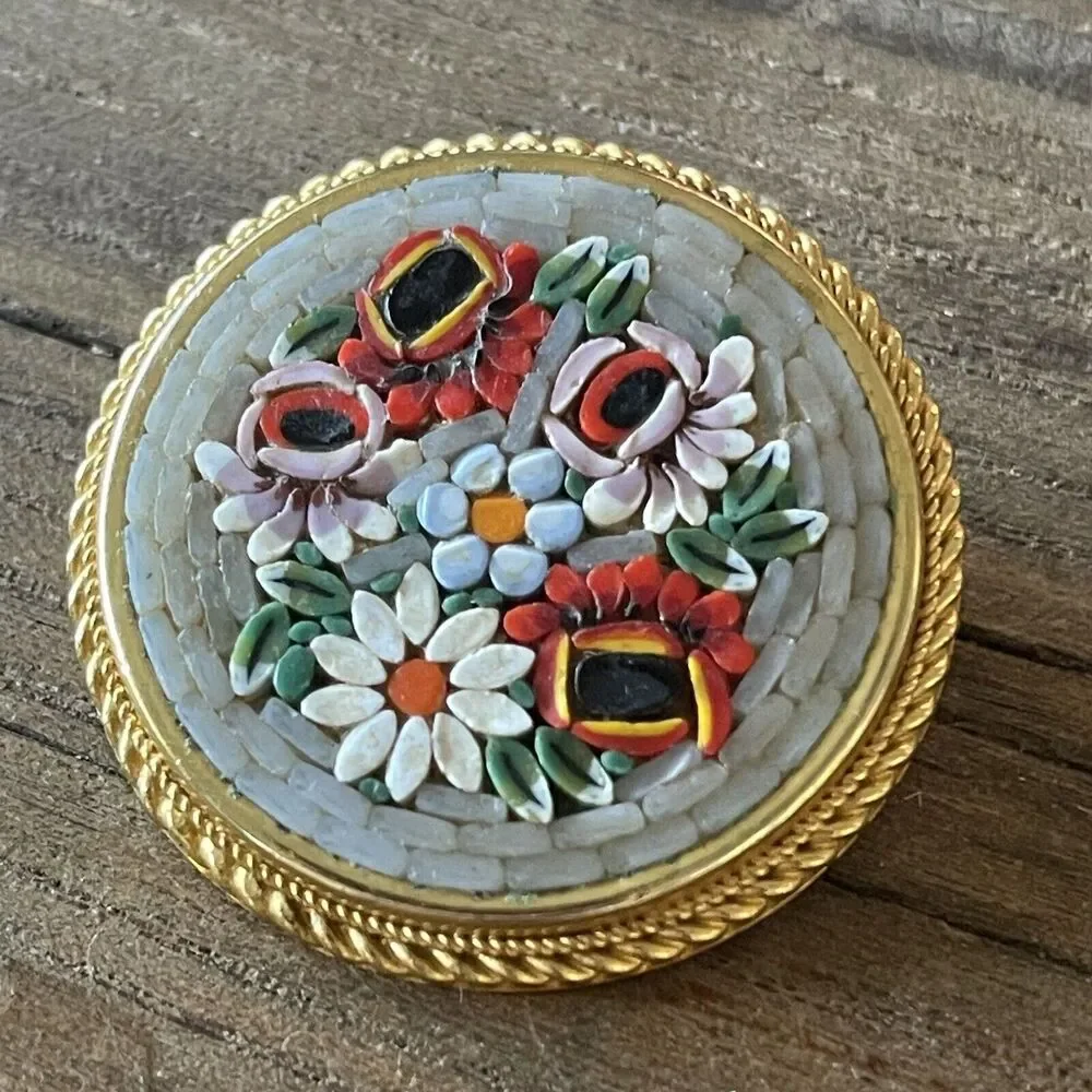 Beautiful Italian Micro Mosaic Brooch Pin Red White Flowers Gold Tone Bezel Set